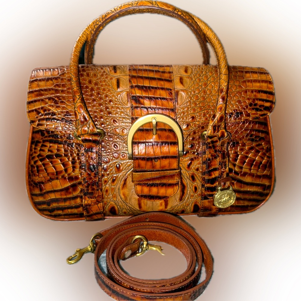 Croc-Embossed Leather Satchel Handbag in Cognac